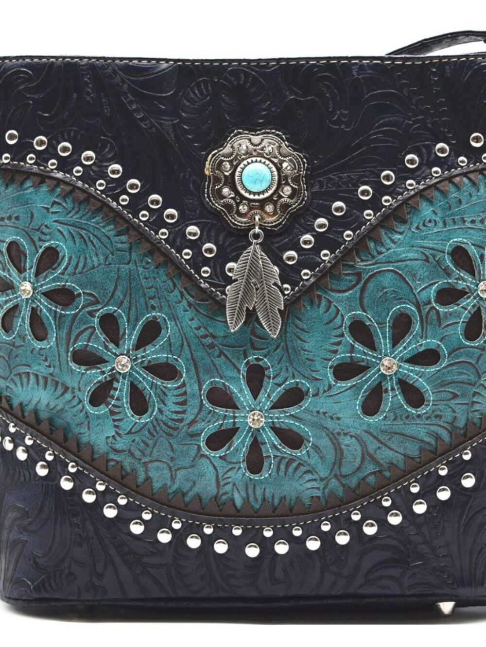Western Trendy Tooled Floral Feather Studded Crossbody Purse for Women
